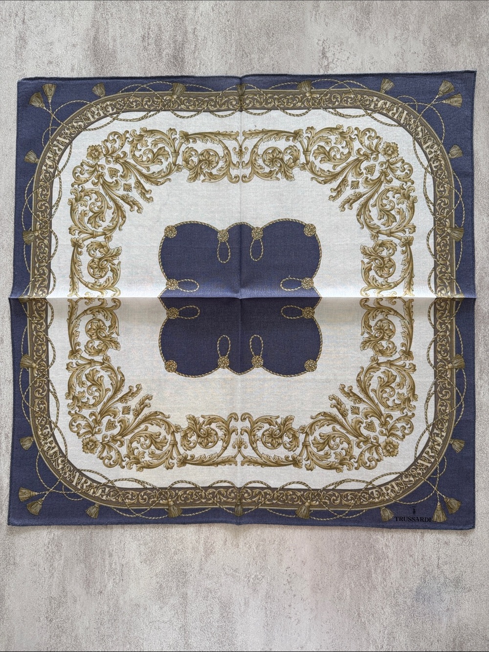 Trussardi Blue and Gold Baroque cotton Dining Scarf
